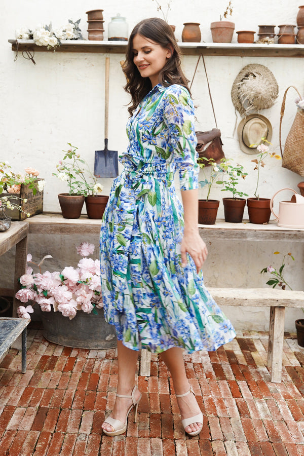 Audrey Dress #4 Shirt Collar 3/4 Sleeve Midi Length Ramie (Crocus Hyacinth White)