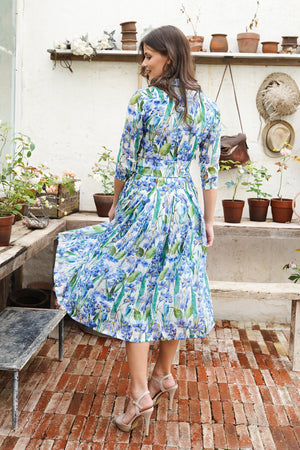 Audrey Dress #4 Shirt Collar 3/4 Sleeve Midi Length Ramie (Crocus Hyacinth White)