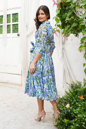 Audrey Dress #4 Shirt Collar 3/4 Sleeve Midi Length Ramie (Crocus Hyacinth White)