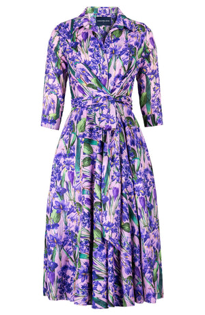 Olivia Dress Shirt Collar 3/4 Sleeve Midi Length Cotton Musola (Crocus Hyacinth Pastel)