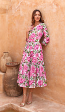 Melanie Dress Crew Neck 3/4 Sleeve Midi Plus Length Cotton Lawn (Pink Peony) @6