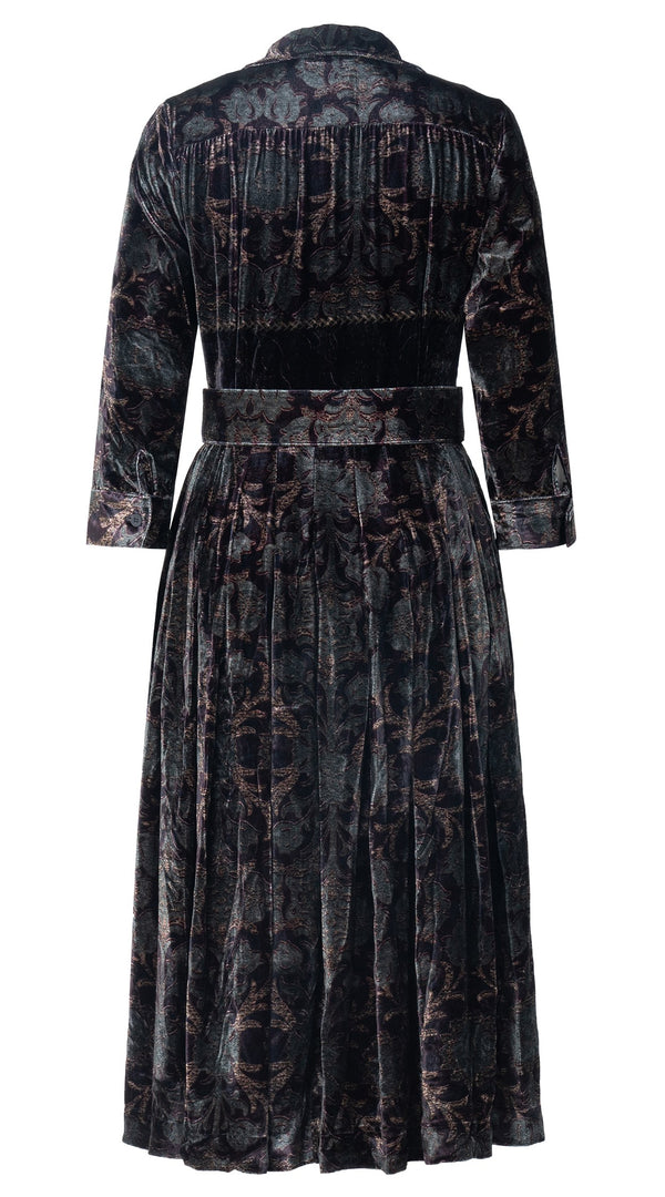 Audrey Dress #4 Shirt Collar 3/4 Sleeve Midi Length Silk Velvet (Damasco Velvet)