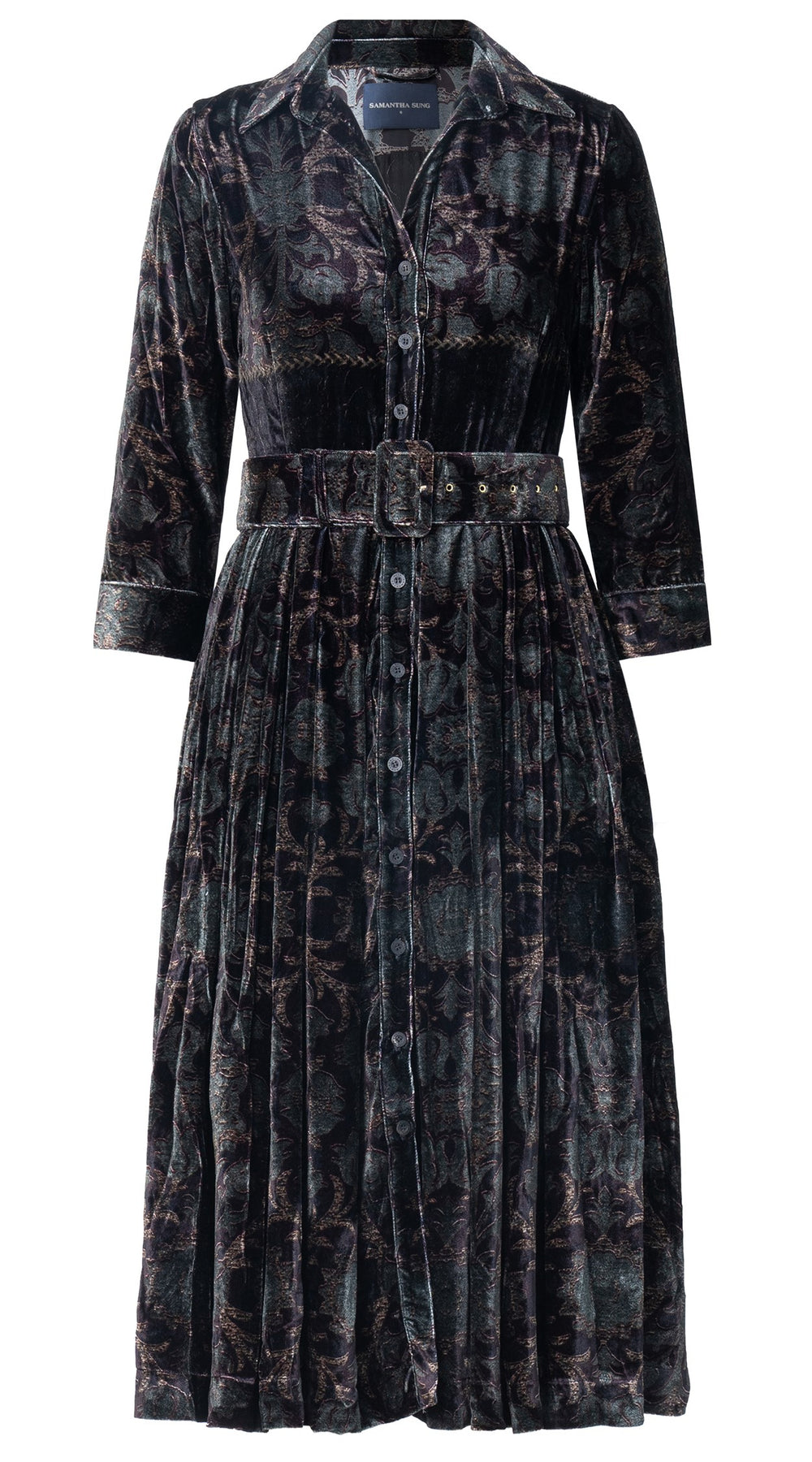 Audrey Dress #4 Shirt Collar 3/4 Sleeve Midi Length Silk Velvet (Damasco Velvet)