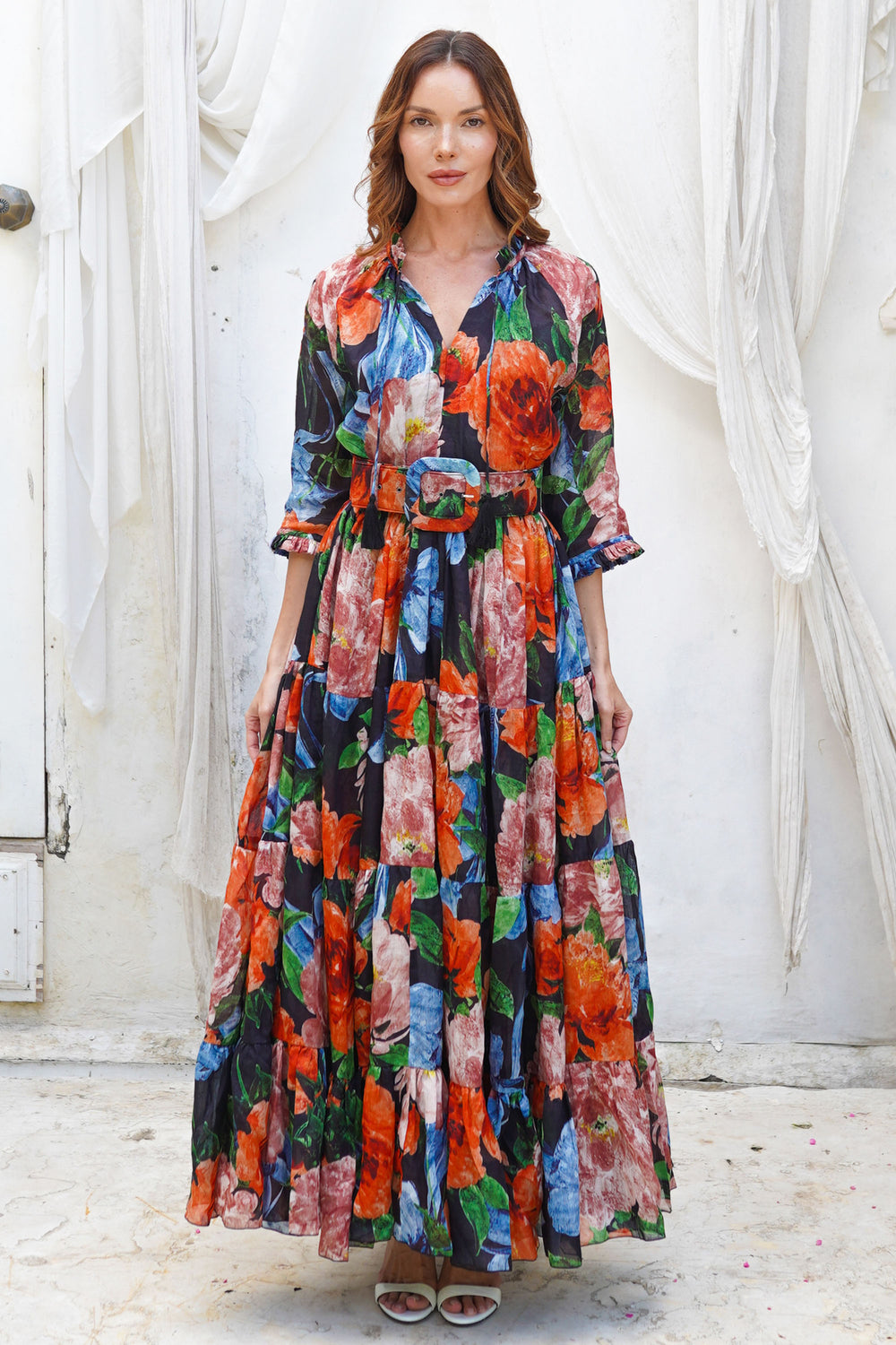 Eva Dress Crew Neck 3/4 Sleeve Maxi Length Ramie (Darby Rose Ground)