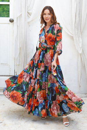 Abito Eva girocollo manica 3/4 lunghezza maxi in ramia (Darby Rose Ground)
