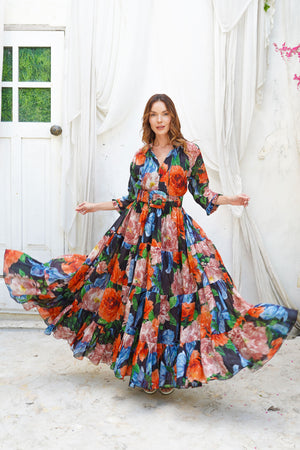 Abito Eva girocollo manica 3/4 lunghezza maxi in ramia (Darby Rose Ground)