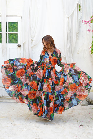 Abito Eva girocollo manica 3/4 lunghezza maxi in ramia (Darby Rose Ground)