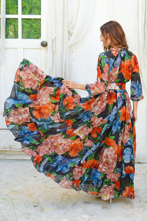 Abito Eva girocollo manica 3/4 lunghezza maxi in ramia (Darby Rose Ground)