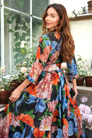 Abito Eva girocollo manica 3/4 lunghezza maxi in ramia (Darby Rose Ground)