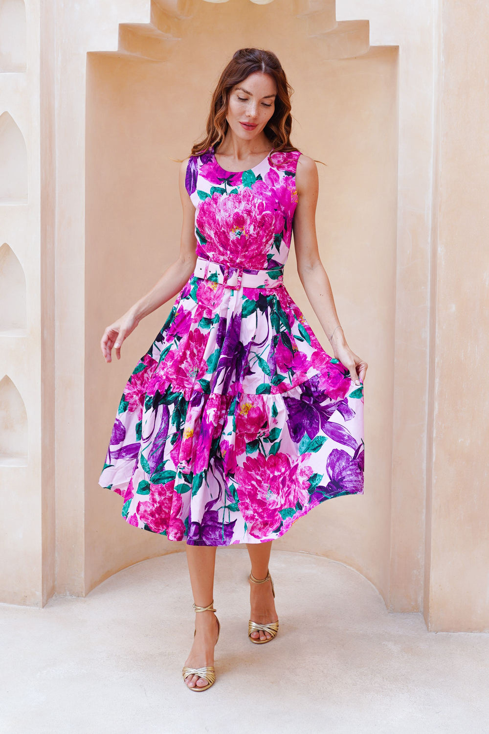 Rose Dress Crew Neck Sleeveless Long Length Cotton Stretch (Darby Rose Pastel)