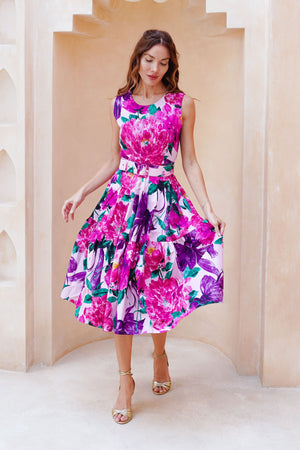 Rose Dress Crew Neck Sleeveless Long Length Cotton Stretch (Darby Rose Pastel)