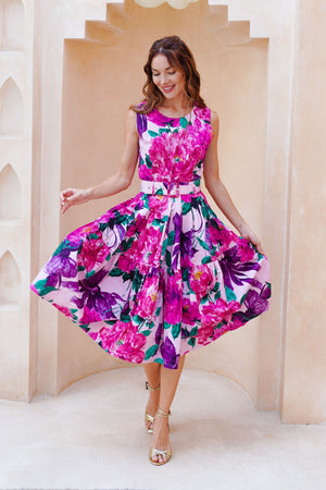 Rose Dress Crew Neck Sleeveless Long Length Cotton Stretch (Darby Rose Pastel)