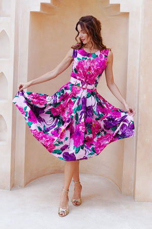 Rose Dress Crew Neck Sleeveless Long Length Cotton Stretch (Darby Rose Pastel)