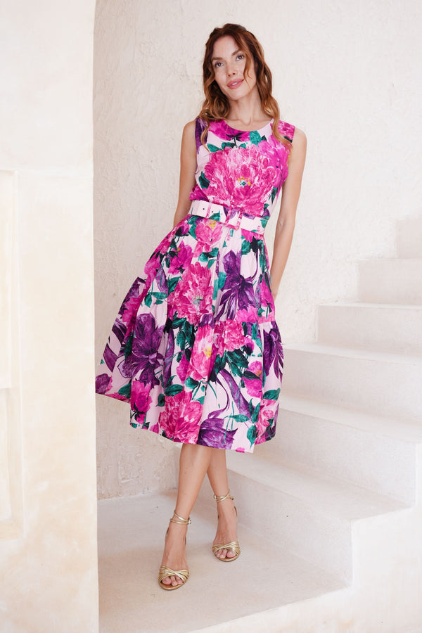 Rose Dress Crew Neck Sleeveless Long Length Cotton Stretch (Darby Rose Pastel)