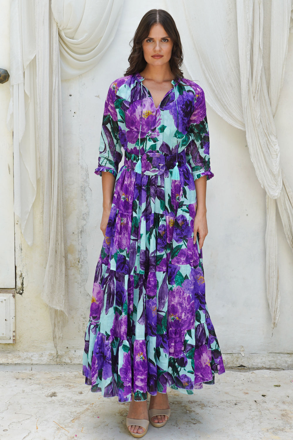 Eva Dress Crew Neck 3/4 Sleeve Maxi Length Cotton Musola (Darby Rose Pastel)