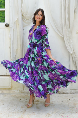 Eva Dress Crew Neck 3/4 Sleeve Maxi Length Ramie (Darby Rose Pastel)