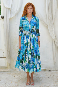 Aster Dress Shirt Collar 3/4 Sleeve Midi Length Cotton Musola (Darby Rose White)