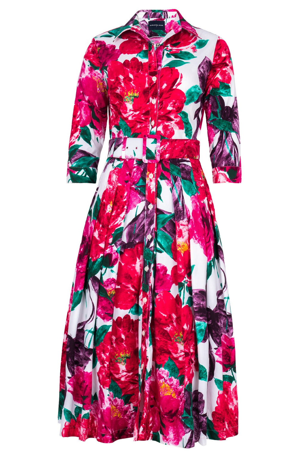 Audrey Dress #4 Shirt Collar 3/4 Sleeve Midi Length Cotton Stretch (Darby Rose White)