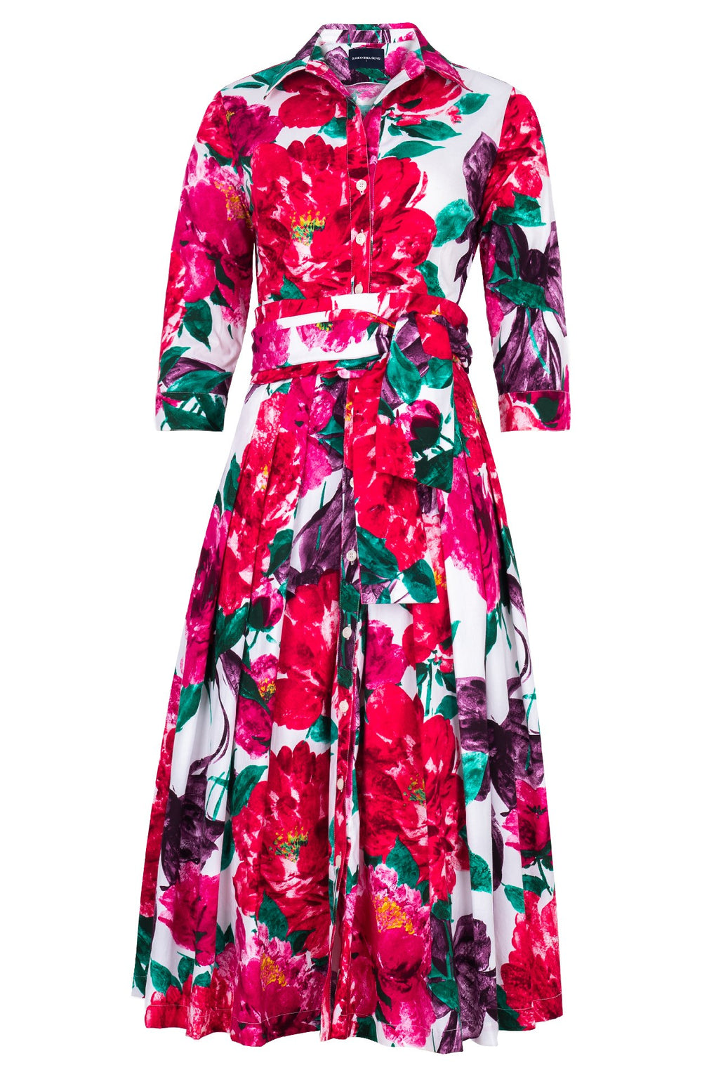 Audrey Dress #4 Shirt Collar 3/4 Sleeve Midi Length Cotton Stretch (Darby Rose White)