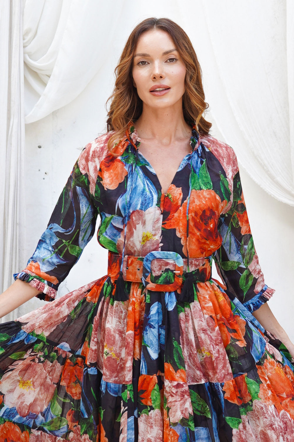 Eva Dress Crew Neck 3/4 Sleeve Maxi Length Ramie (Darby Rose Ground)
