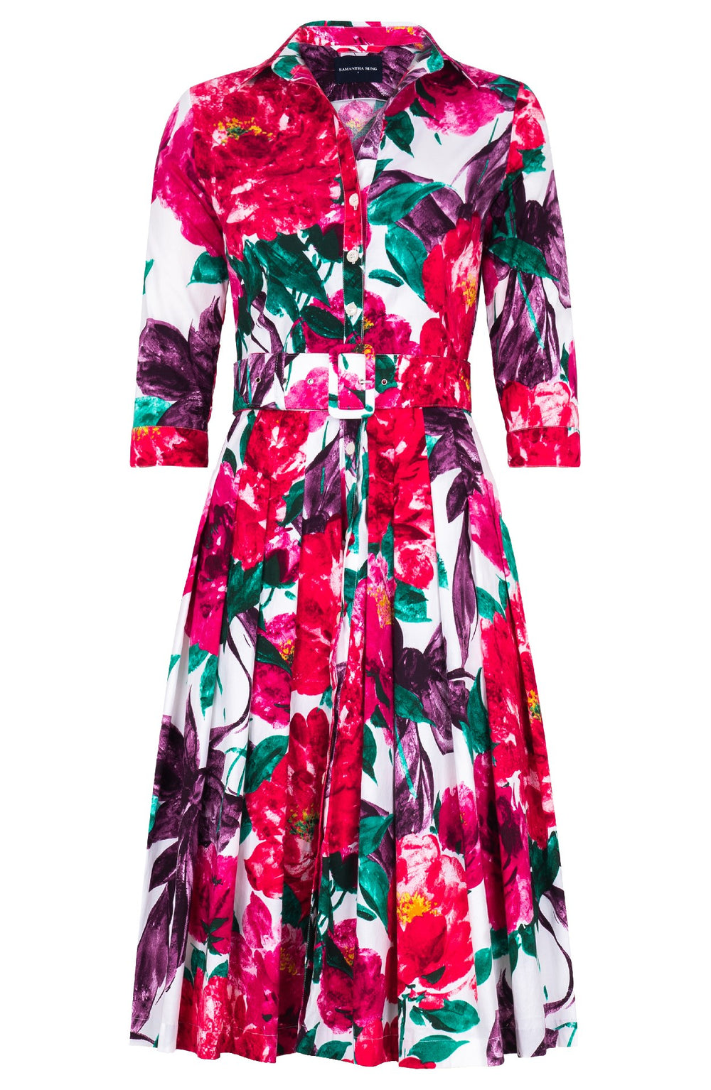 Audrey Dress #2 Shirt Collar 3/4 Sleeve Long Length Cotton Stretch (Darby Rose White)