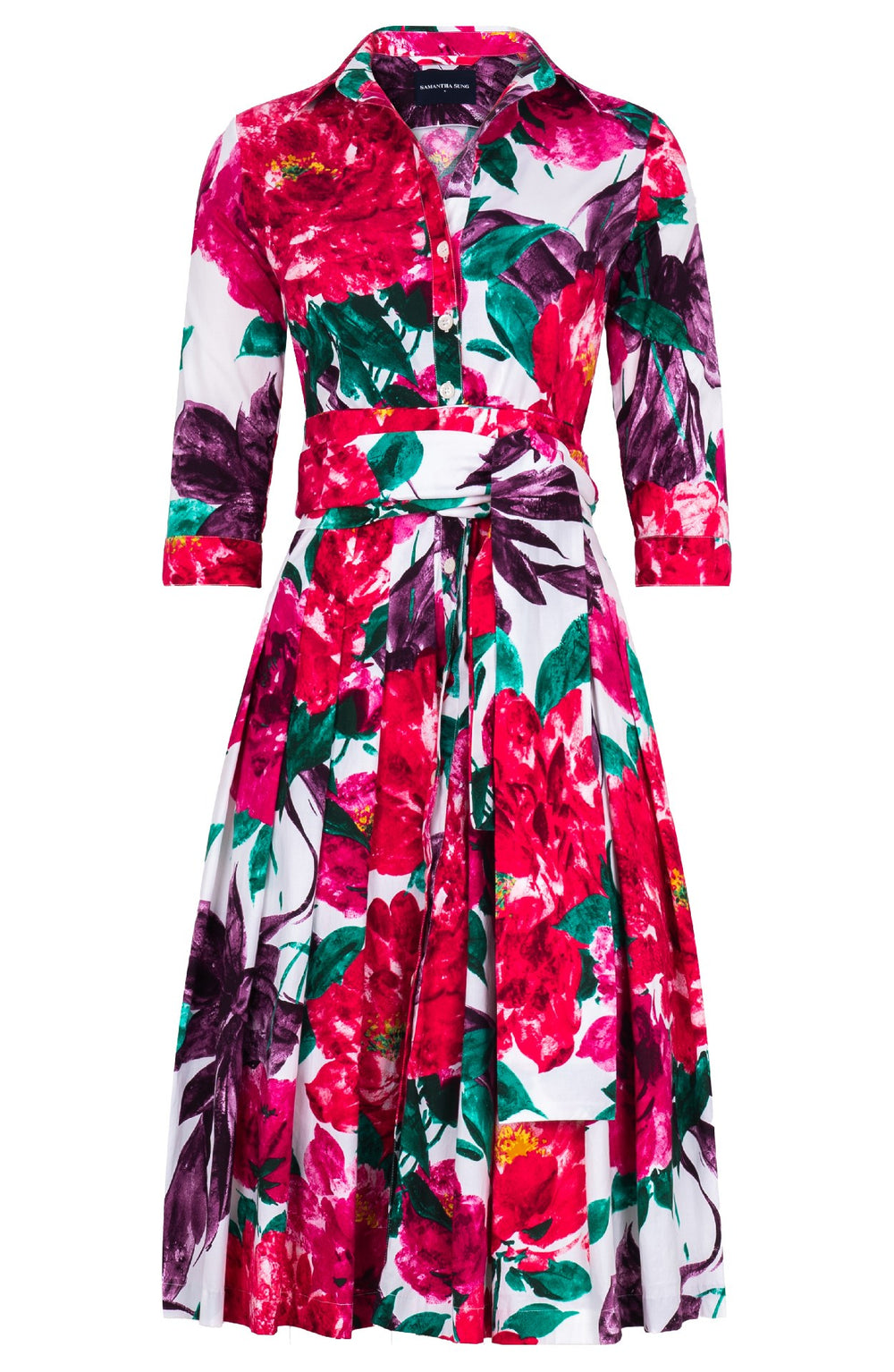 Audrey Dress #2 Shirt Collar 3/4 Sleeve Long Length Cotton Stretch (Darby Rose White)