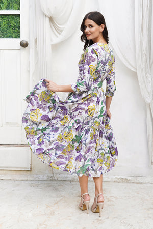 Melanie Dress Crew Neck 3/4 Sleeve Midi Plus Length Cotton Stretch (Darts Hill Garden)