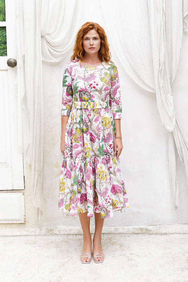 Melanie Dress Crew Neck 3/4 Sleeve Midi Plus Length Cotton Lawn (Darts Hill Garden)