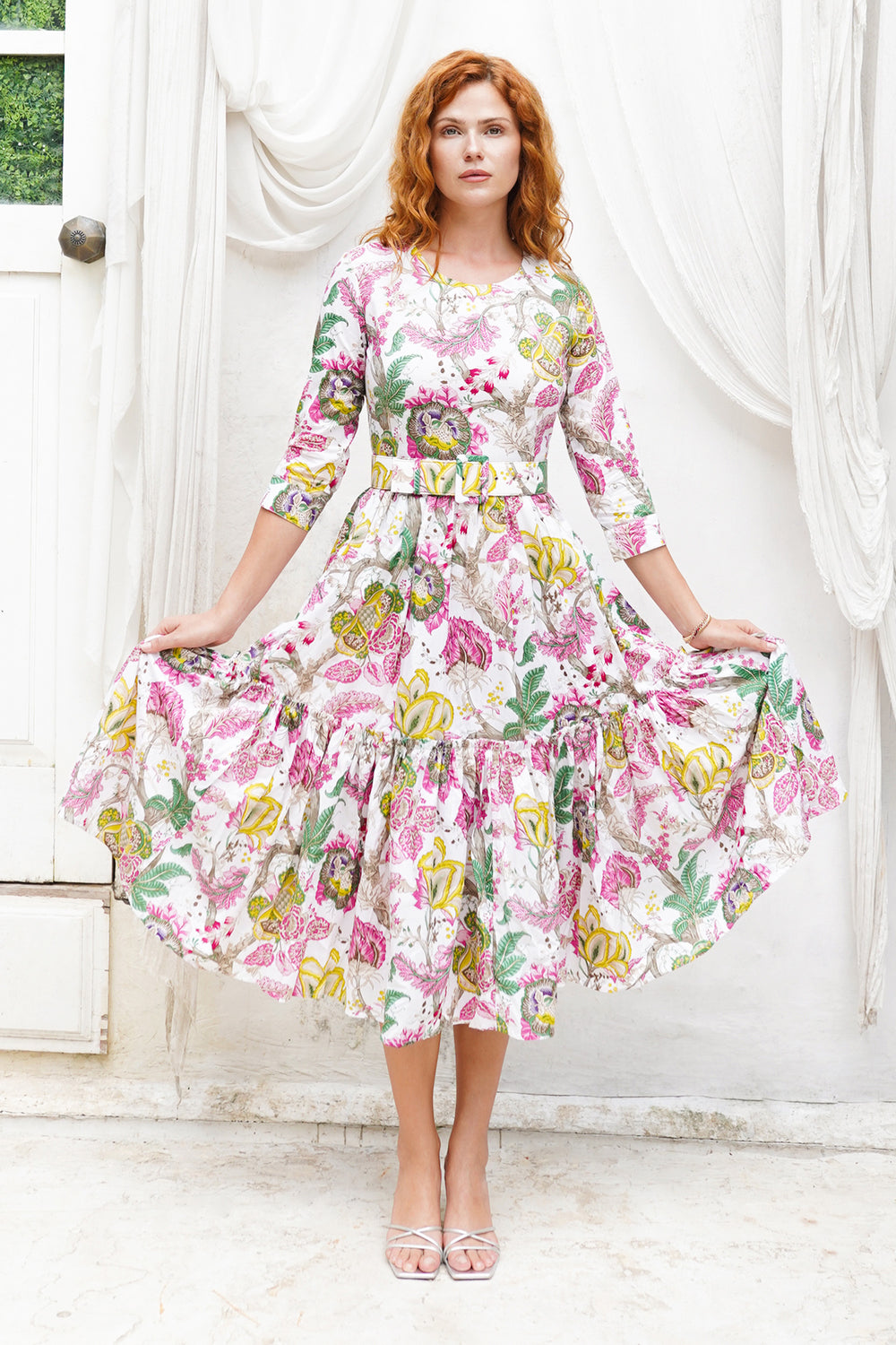 Melanie Dress Crew Neck 3/4 Sleeve Midi Plus Length Cotton Lawn (Darts Hill Garden)