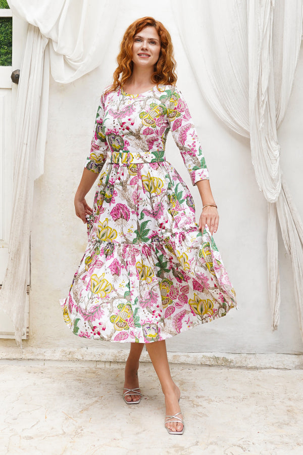 Melanie Dress Crew Neck 3/4 Sleeve Midi Plus Length Cotton Lawn (Darts Hill Garden)
