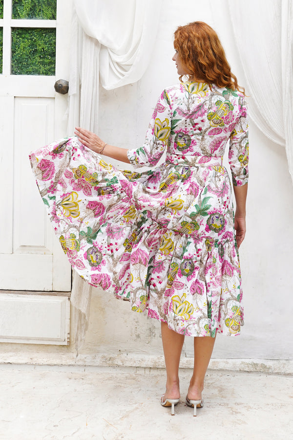 Melanie Dress Crew Neck 3/4 Sleeve Midi Plus Length Cotton Lawn (Darts Hill Garden)