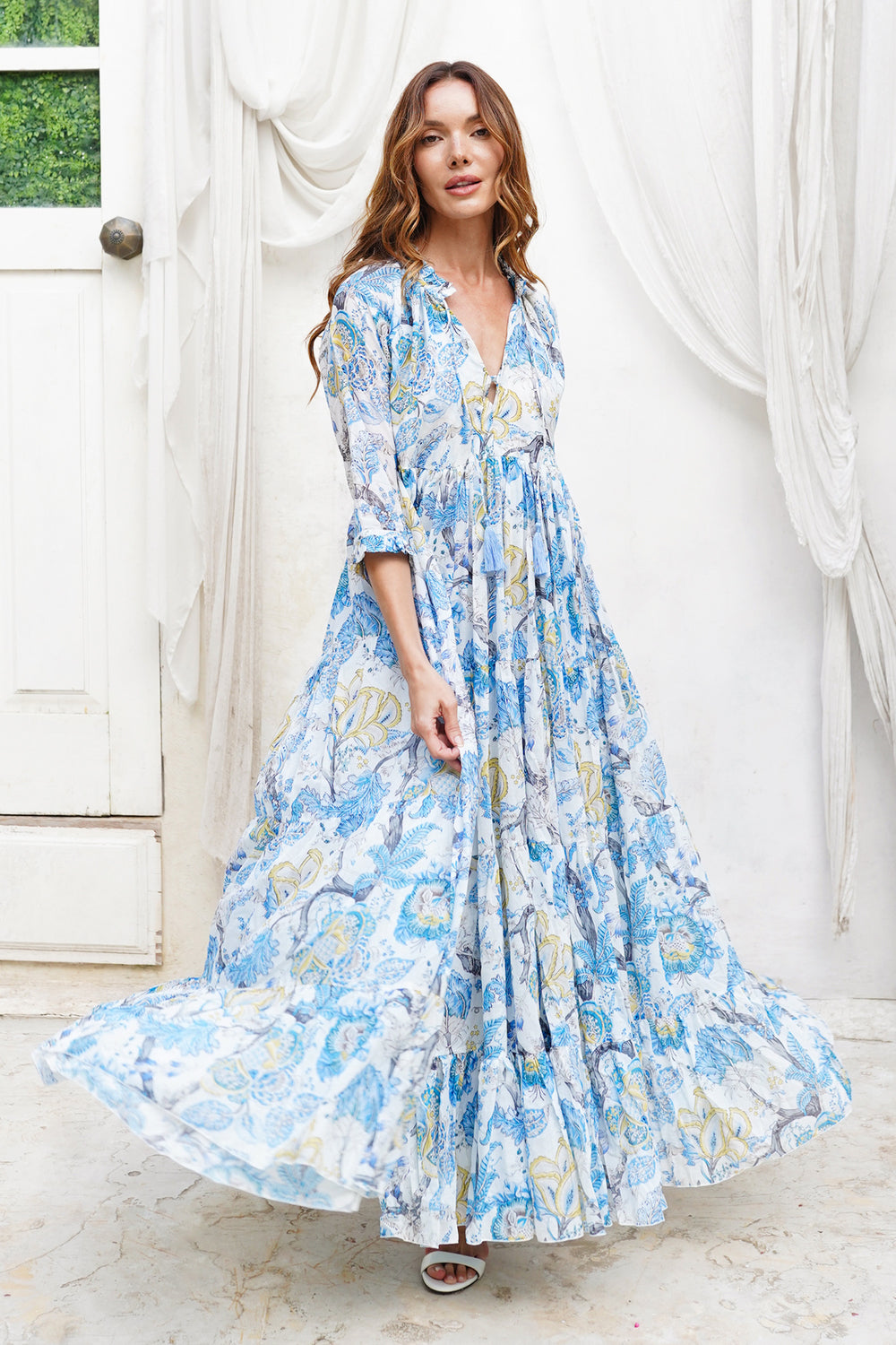 Eden Dress Crew Neck 3/4 Sleeve Maxi Length Cotton Musola (Darts Hill Garden)