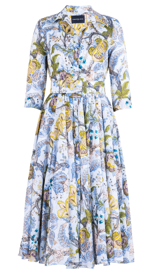 Aster Dress Shirt Collar 3/4 Sleeve Midi Length Cotton Musola (Darts Hill Garden)