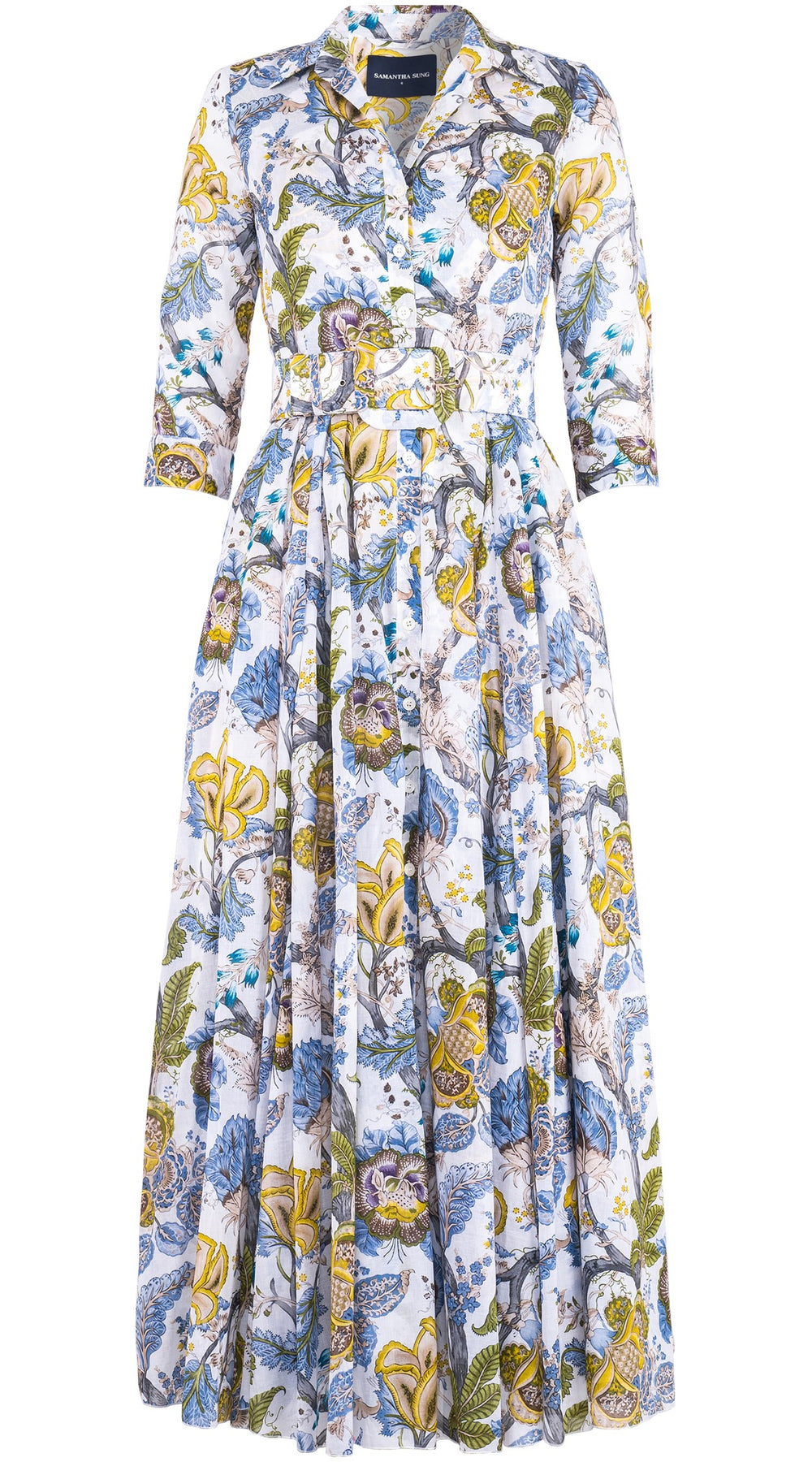 Aster Dress Shirt Collar 3/4 Sleeve Maxi Length Cotton Musola (Darts Hill Garden)