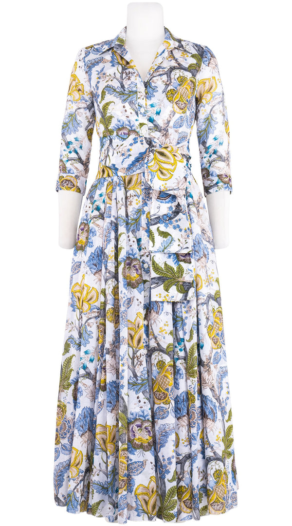Aster Dress Shirt Collar 3/4 Sleeve Maxi Length Cotton Musola (Darts Hill Garden)