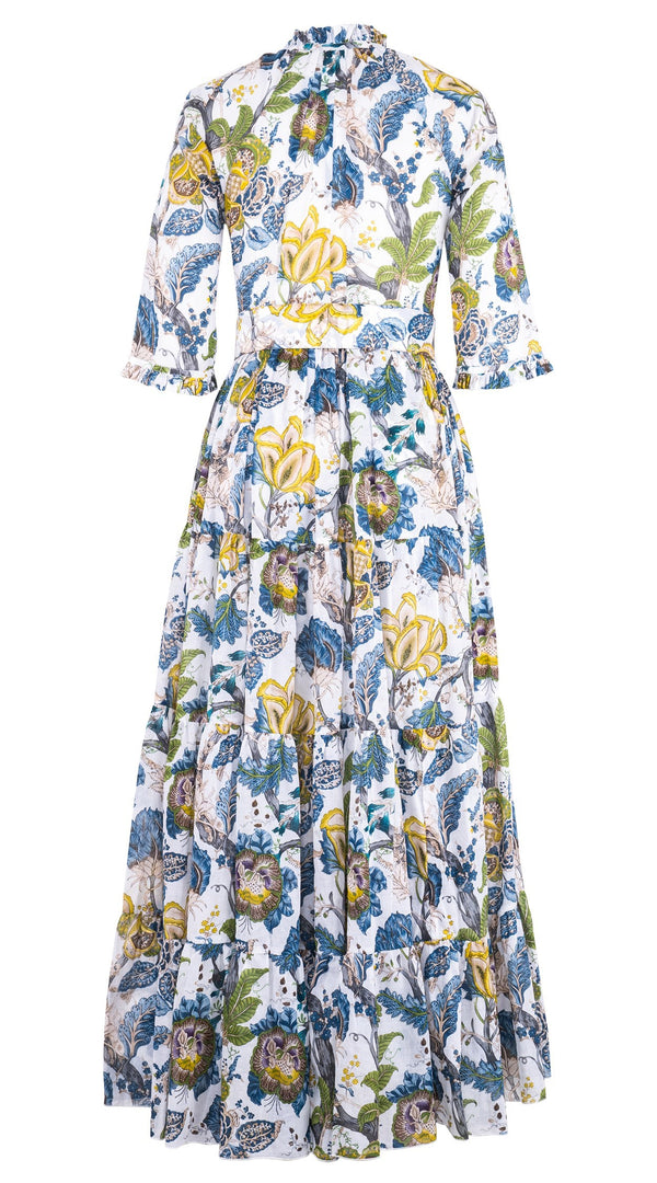 Eva Dress Crew Neck 3/4 Sleeve Maxi Length Cotton Musola (Darts Hill Garden)