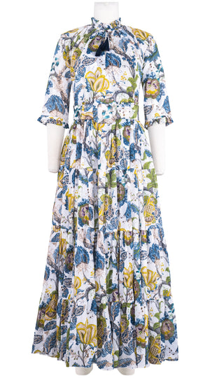 Eva Dress Crew Neck 3/4 Sleeve Maxi Length Cotton Musola (Darts Hill Garden)