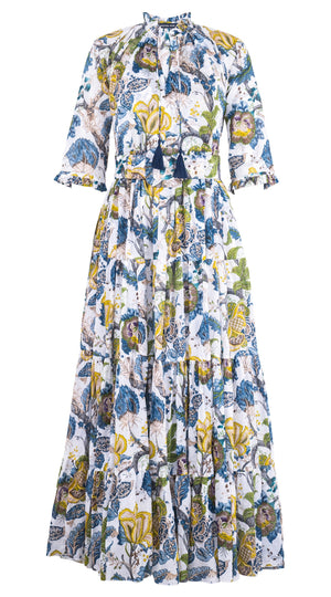 Eva Dress Crew Neck 3/4 Sleeve Maxi Length Cotton Musola (Darts Hill Garden)