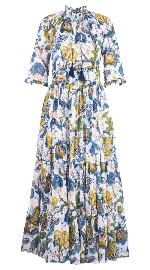 Eva Dress Crew Neck 3/4 Sleeve Maxi Length Cotton Musola (Darts Hill Garden)