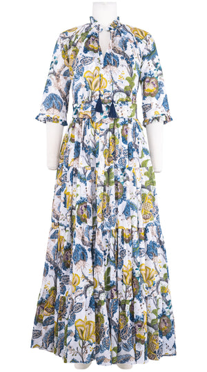 Eva Dress Crew Neck 3/4 Sleeve Maxi Length Cotton Musola (Darts Hill Garden)