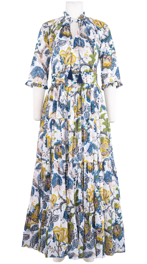 Eva Dress Crew Neck 3/4 Sleeve Maxi Length Cotton Musola (Darts Hill Garden)