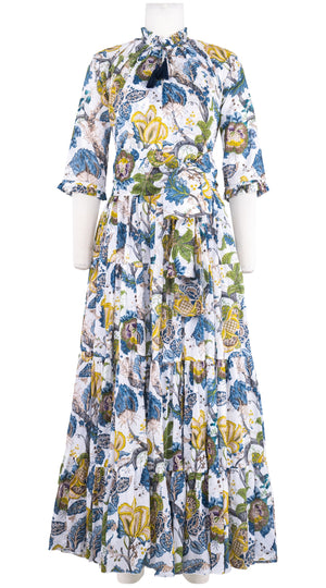 Eva Dress Crew Neck 3/4 Sleeve Maxi Length Cotton Musola (Darts Hill Garden)