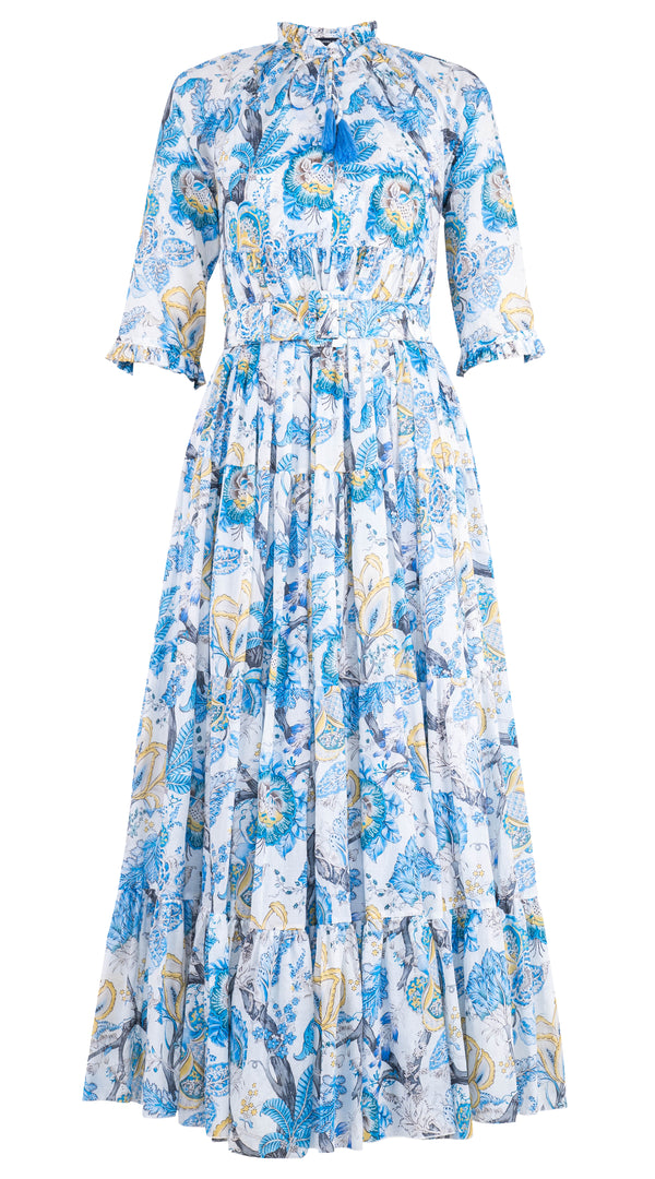 Eden Dress Crew Neck 3/4 Sleeve with Hamilton Belt Maxi Length Cotton Musola (Darts Hill Garden)
