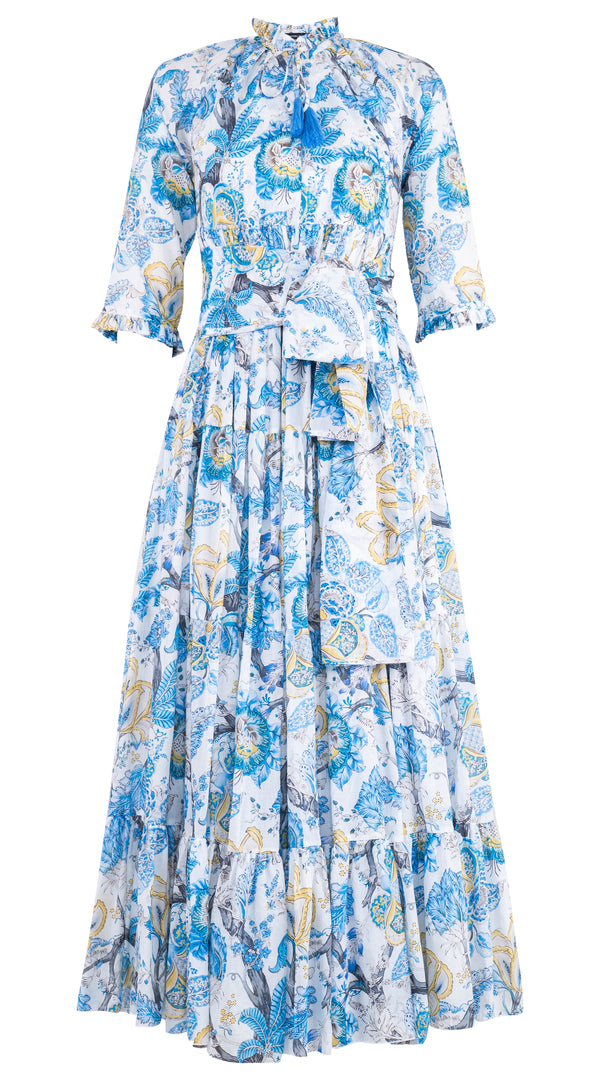 Eden Dress Crew Neck 3/4 Sleeve with Hamilton Belt Maxi Length Cotton Musola (Darts Hill Garden)