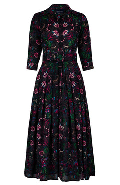 Audrey Dress #4 Shirt Collar 3/4 Sleeve Midi Length Wool (Deer Stalker) - Black Pink