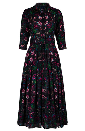 Audrey Dress #4 Shirt Collar 3/4 Sleeve Midi Length Wool (Deer Stalker) - Black Pink