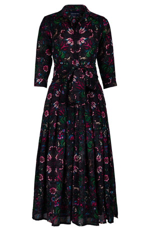 Audrey Dress #4 Shirt Collar 3/4 Sleeve Midi Length Wool (Deer Stalker) - Black Pink
