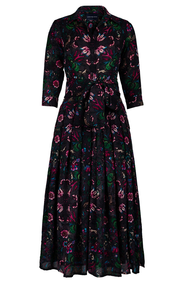 Audrey Dress #4 Shirt Collar 3/4 Sleeve Midi Length Wool (Deer Stalker) - Black Pink