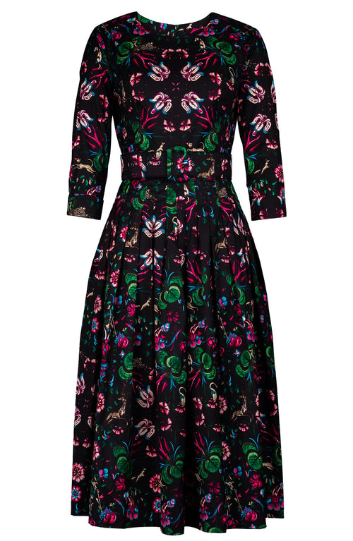 Florance Dress Crew Neck 3/4 Sleeve Midi Length Cotton Stretch (Deer Stalker)
