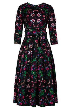 Florance Dress Crew Neck 3/4 Sleeve Midi Length Cotton Stretch (Deer Stalker)